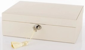 Krémfehér kulcsos zárható szögletes ékszertartó doboz osztott belső rekeszekkel 8,5x27x19cm