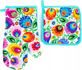 Folkstar sütőkesztyű és edényfogó, népi stílusú, fehér virágokkal