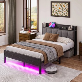 Fém gyár Led kétszemélyes ágy Usb 140X190CM Vidéki stílus fekete