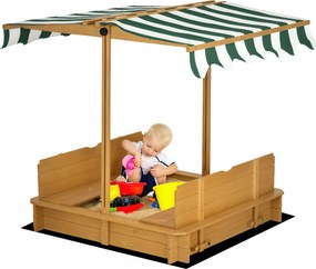 Outsunny Gyermek Fa Homokozó Állítható Napernyővel, 2 Pad és Leválasztható Háttámlákkal Kertre 106x106x115 cm Természetes Fa Zöld és Fehér Csíkokkal |