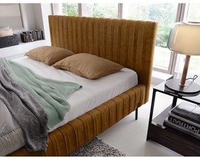 Okkersárga kárpitozott ágyneműtartós franciaágy ágyráccsal 160x200 cm Plissa – ELTAP