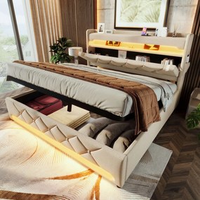 Kárpitozott ágy Led kétszemélyes ágy 140x200cm Usb C Bézs+ Matrac