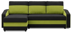 Hewlet sarokkanapé, 2 ágyneműtartóval, szövet anyag, univerzális oldal, bonell töltet, fekete - zöld