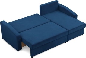 Zeus sarokkanapé, 2 ágyneműtartóval, döntött kartámasz, bársony, univerzális oldal, bonell töltet, kék