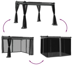 antracitszürke acél pavilon hálós oldalakkal 3 x 3 m