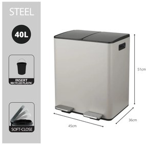 Szürkésbarna acél szelektív pedálos szemetes 2x20 l Aliya – Spirella