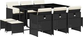 vidaXL 11 részes fekete polyrattan kerti étkezőgarnitúra párnákkal