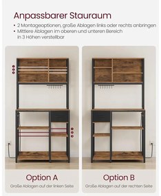 VASAGLE konyhai polc konnektorokkal, állópolc, 40 × 80 × 180,4 cm, vintage barna–fekete színben