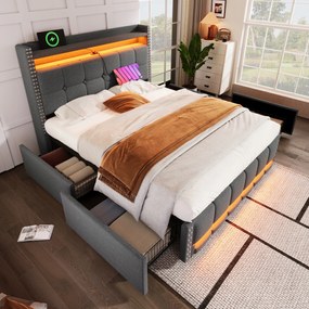 Kárpitozott ágy 140*200 Dupla ágy Led Usb polc 4fiók szürke