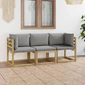 Háromszemélyes kerti kanapé szürke párnákkal