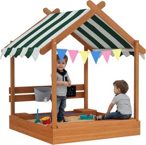 Outsunny Homokozó Tetővel, Fa Homokozó Ülőhellyel, Játék Móka Ház, 124 x 116 x 146 cm Homokozó Krétatáblával 3-7 Éves Gyerekeknek, Kert, Zöld | Aosom