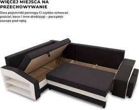 Grande sarokkanapé polcokkal és puffokkal , polc a bal karfaban puffok a jobb karfaban, baloldali, szövet anyag, hab töltet, fekete - fehér