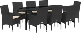 vidaXL Kert étkező szett párnával 9 pcs Fekete polirattan