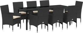 vidaXL Kert étkező szett párnával 9 pcs Fekete polirattan