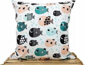 Prémium pamut gyerek párnahuzat színes halak menta fekete 40x40