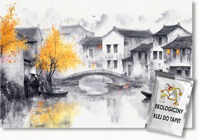 Fotótapéta Flizelina Tájkép Ázsia Kína Falu Folyó Híd 100x75 ragasztó