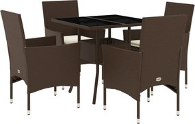 vidaXL 5 részes barna polyrattan/üveg kerti étkezőgarnitúra párnákkal