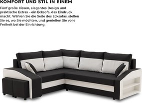 Grande sarokkanapé polcokkal és puffokkal , polc a jobb karfaban puffok a bal karfaban, baloldali, szövet anyag, hab töltet, fekete - fehér