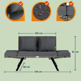 Kerti pad 2in1 polirattanból 176 × 56 × 81 cm fekete / krém