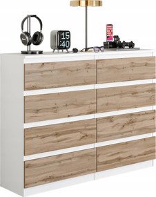 Komód Magas 8 Fiókos, 120 CM Fehér Matt/ Wotan Tölgy, Nappaliba, Hálószobába
