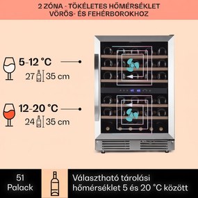 Klarstein Vinovilla 50 Duo, 2 zónás borhűtő, 53 liter, 17 palack, 3-színű LED világítás, üvegajtó