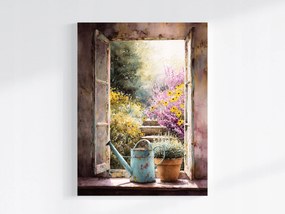 Vászonkép Canvas Kilátás Ablak Kert Színes Virágok Tavasz Nyár 60x80