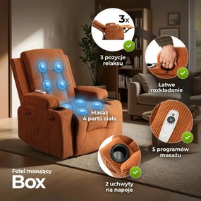Masszírozós dönthető fotel vörösesbarna színben, kordbársony kárpittal BOX