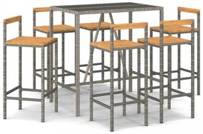 7 részes szürke polyrattan és tömör akácfa kerti bárszett