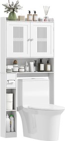 HOMCOM WC Felső Szekrény Fürdőszobai Fiókos Szekrény Állítható Polccal, 2 Ajtóval, WC Papír Tartóval és Nyitott Polcokkal | Aosom