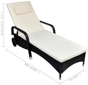 Fekete polyrattan napozóágy párnával és kerekekkel