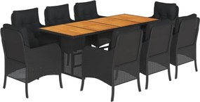 vidaXL 9 részes fekete polyrattan kerti étkezőgarnitúra párnákkal