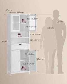 VASAGLE Fürdőszobaszekrény Állítható Polcokkal és Fiókkal, Felhőfehér