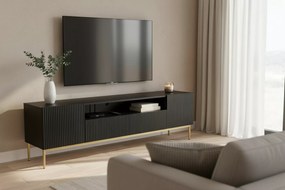 Nicole TV-szekrény 200 cm nyitott polccal és fiókokkal - matt fekete / arany lábak