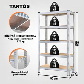 HEAVY nagy teherbírású polc, max. 875kg, 90x40x180cm, ezüst Jurhan