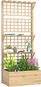 Outsunny emelt fenyő virágláda hálóval és tetővel — nagy kültéri fenyőláda kúszónövényeknek, 2 polc, vízelvezetés és betét, 76 x 43,5 x 177 cm, natúr