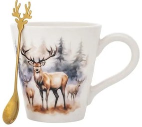 Szarvasok erdőben porcelán bögre szett rénszarvas fejes kanállal - 480 ml