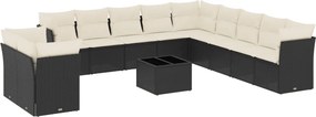 vidaXL 12 részes fekete polyrattan kerti ülőgarnitúra párnákkal