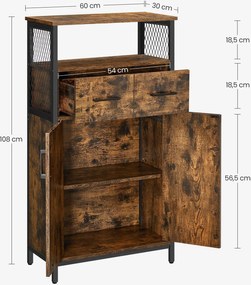 Tárolószekrény, komód fiókkal és állítható polccal – rusztikus barna–fekete színben