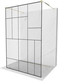 Mexen Kioto, átmenő zuhanyparaván 130 x 200 cm, 8mm átlátszó üveg / fekete mintás, 2x arany stabilizáló távtartó, 800-130-002-50-78