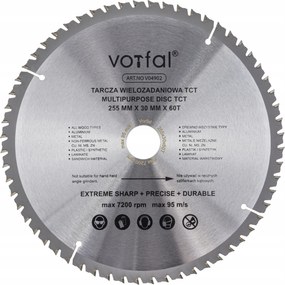 Vágótárcsa Többcélú Fűrész Tct 255X30X60T Fém Fa Kompozit