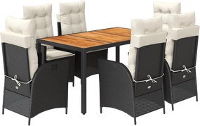 vidaXL 7 részes fekete polyrattan kerti étkezőgarnitúra párnával