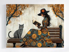 Vászonkép Canvas Park Fák Pad Ősz Nő Macska Mozaik 80x60