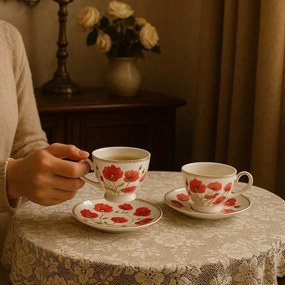 Pipacsos porcelán csésze aljjal 250 ml - 2 személyes készlet