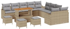13 darabos kerti kanapészett párnákkal bézs poli rattan akáccal, 2 személyes kerti kanapé tárolóval és párnákkal bézs poli rattan, 3 darabos kerti étkező szett párnákkal bézs poli rattan akáccal