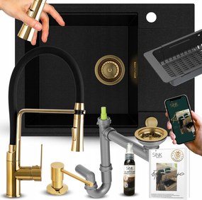 Egymedencés Gránit Mosogató Csepegtetővel, Csaptelep Adagolóval, Arany