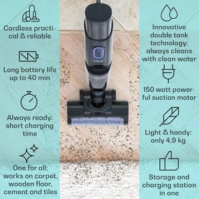 Klarstein Caswell Plus, vezeték nélküli, akkumulátoros, LED kijelző, nedves és száraz porszívózáshoz