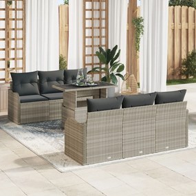 7 darabos kertbútor szett párnákkal világosszürke poli rattan, 2 személyes kert kanapé tárolóval és párnákkal világosszürke poli rattan