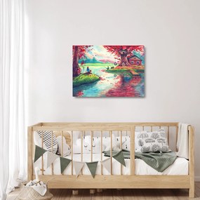 Kép - akvarell, Öböl egy hegyi faluban (üvegen) (70x50 cm)