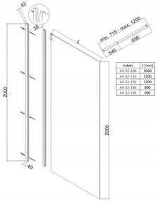 Invena Walk-In, zuhany paraván 110X200cm, 8mm átlátszó üveg, fekete profil, INV-AK-32-114-O