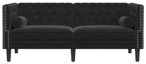 2 személyes fekete bársony Chesterfield kanapé hengerpárnákkal
